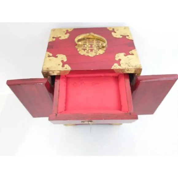 Vintage Chinese Rosewood Jewelry Box Ornate Brass Jade Inlay